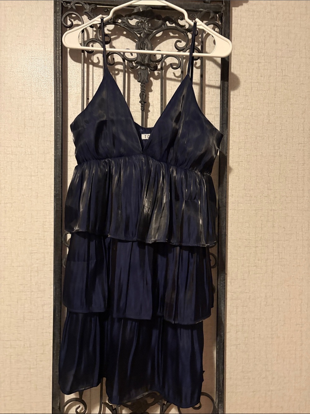 TCEC Navy Satin Tiered Mini Dress with Spaghetti Straps